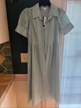 Massimo Dutti Mint and White Striped Button-Front Midi Dress